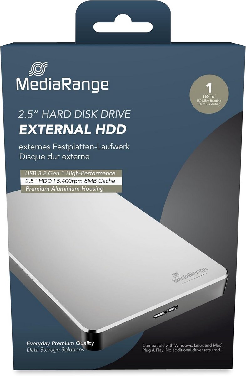 Externe Harde Schijf 1TB USB 3.0 - Snelle Externe Opslag in Zilveren Aluminium Behuizing
