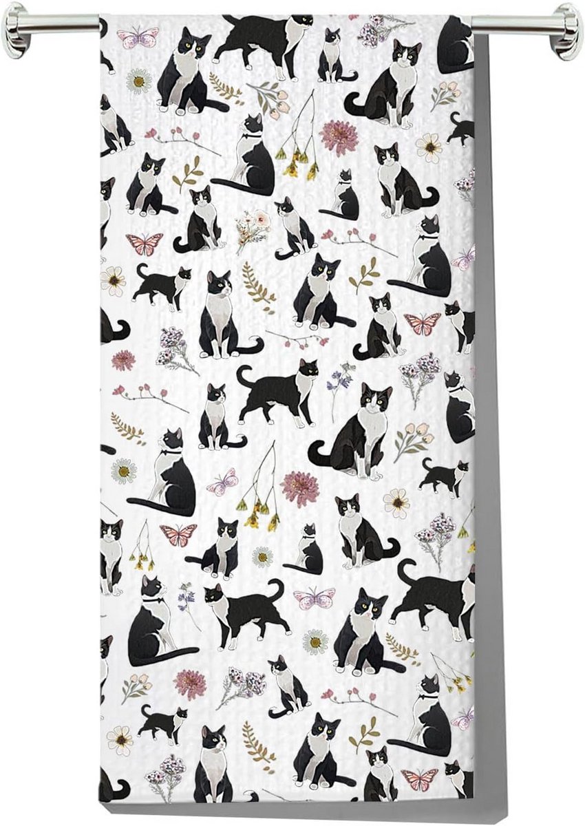 Keukentextiel Set Katoen - Schattige Zwart-Witte Katten Design