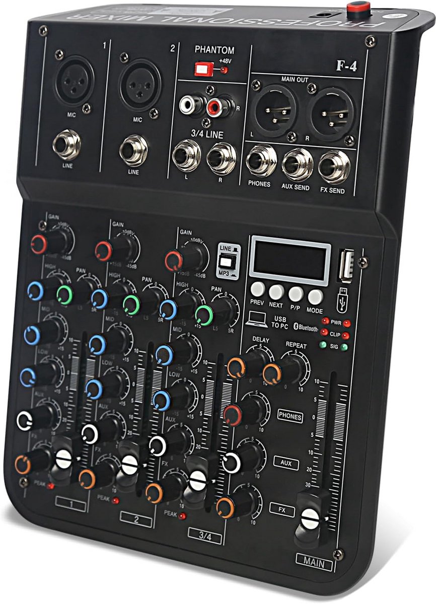 Professionele 4-kanaals Audio Mixer met USB, Bluetooth en Phantomvoeding