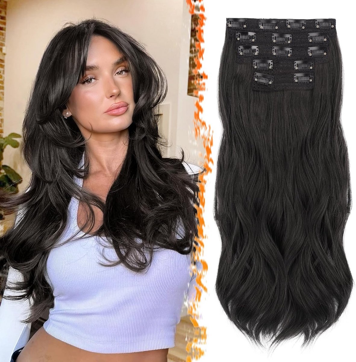Set van 5 Clip-In Haarverlengingen 50cm Golvend Zwartbruin Synthetisch