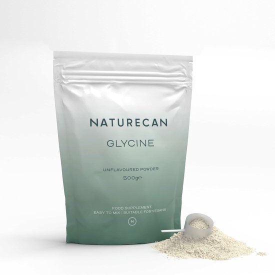 Naturecan Glycine ongeflavoured poeder verpakking met een schepje en hoopje poeder.