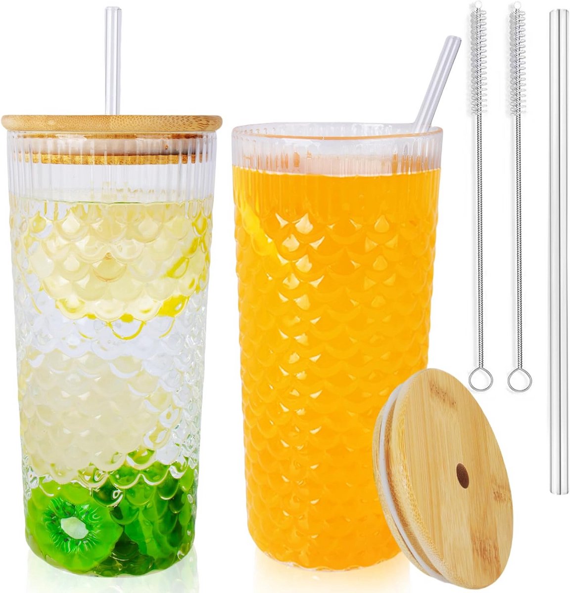 Glazen Bekers 650ml met Deksel en Rietjes voor Dranken