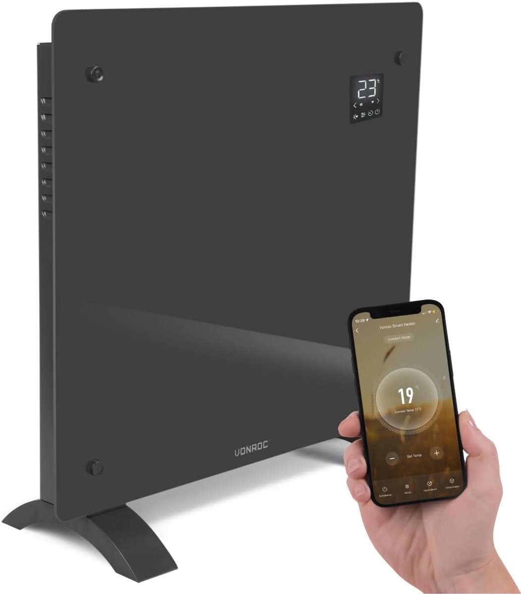 Luxe Elektrische Convectorkachel met Wifi Bediening en Glazen Paneel - Verwarmt tot 12m2