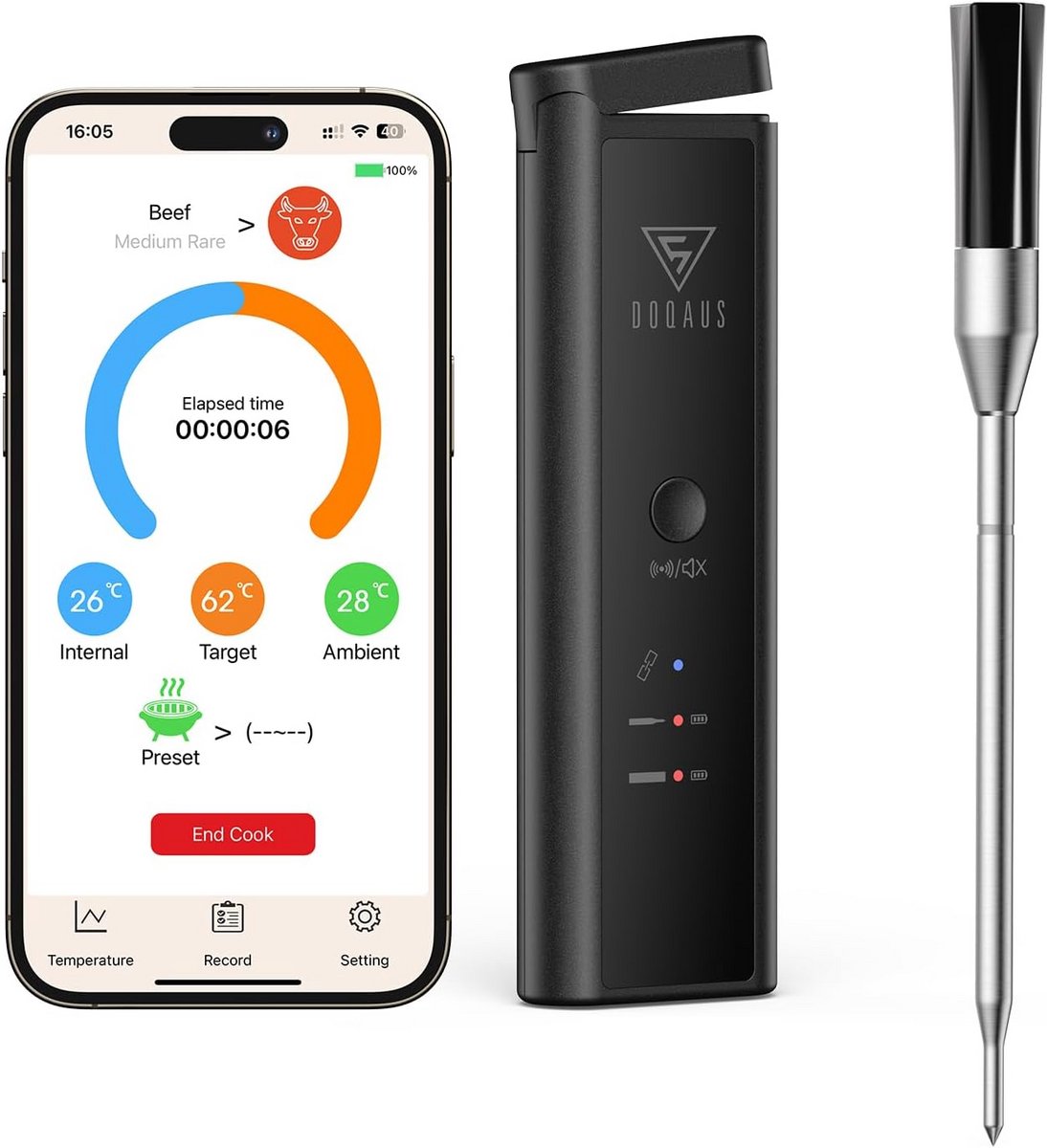 Draadloze Vleesthermometer met Dubbele Sensor voor Grill en Oven