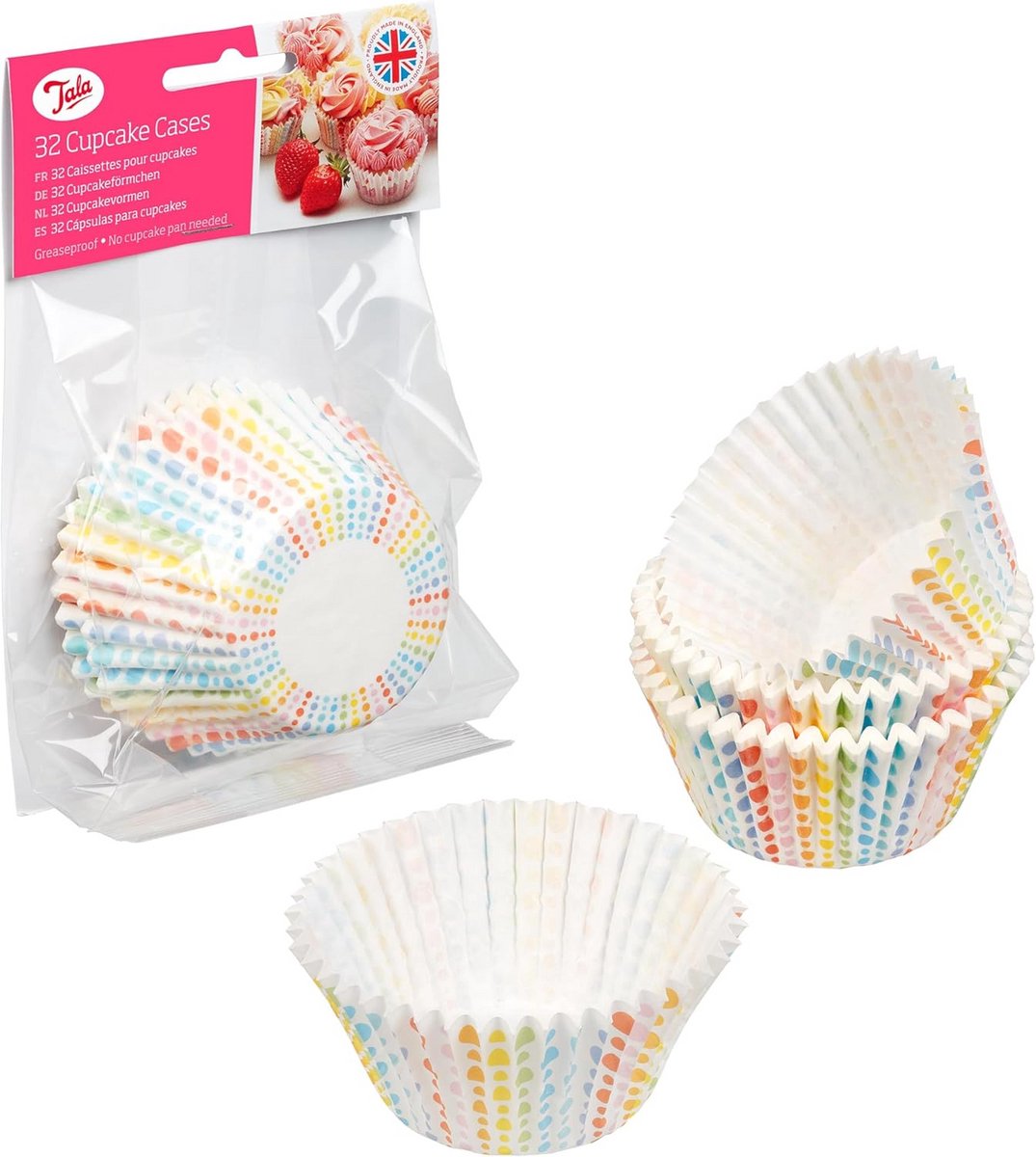 Set van 32 Sterke Papieren Cupcakevormpjes met Regenboogstippen