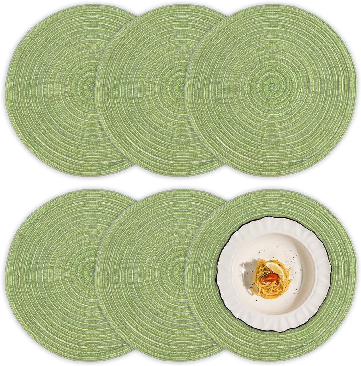 Set van 6 Ronde Gevlochten Placemats 30cm - Hittebestendige Tafelmatten in Groen