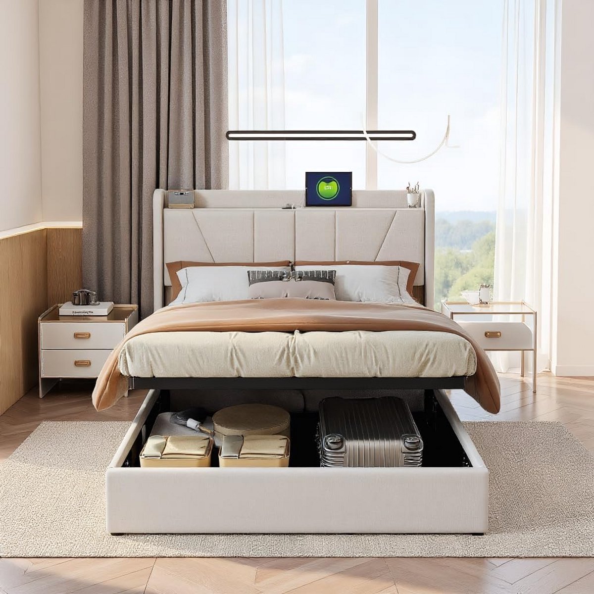 Tweepersoonsbed met opbergruimte en USB-C, 140x200 cm, gestoffeerd