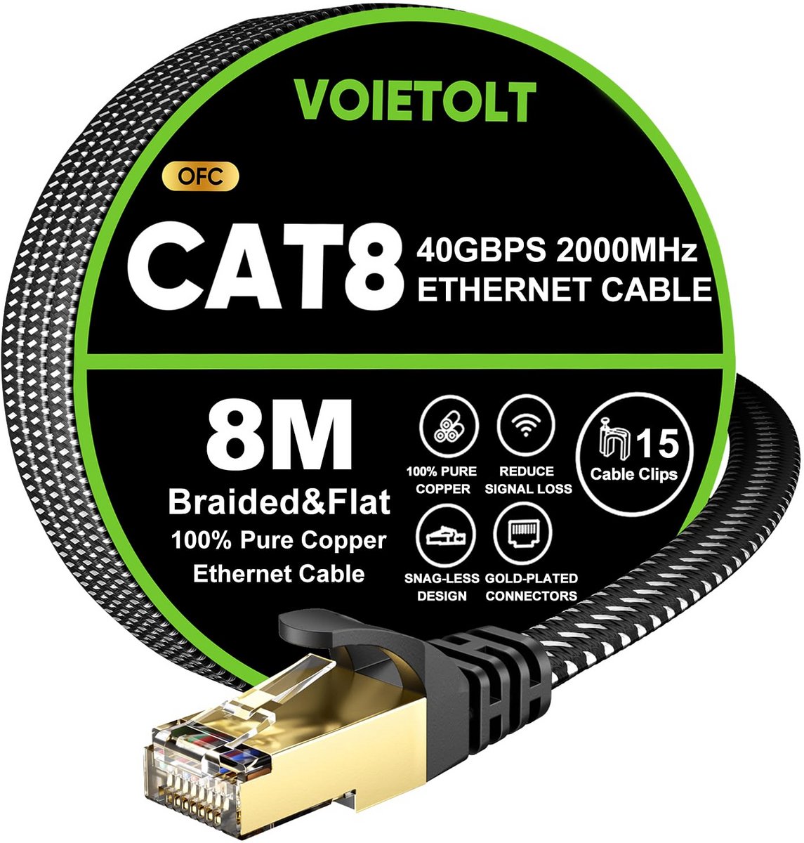 Cat 8 LAN-kabel 8 meter Plat Gevlochten Ethernetkabel 40 Gbps
