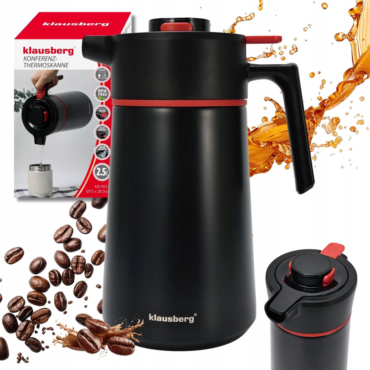 Thermoskan - Vacuüm Thermosfles - Isolerende Koffiekan met Houten Handvat - BPA-vrij - 2.5 Liter - RVS 304 - Zwart