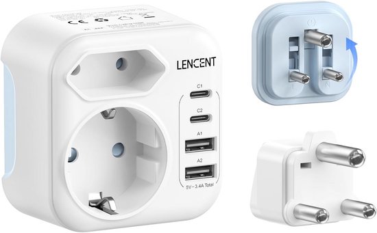 Witte reisadapter met 2 universele stopcontacten, 2 USB-C en 2 USB-A poorten.