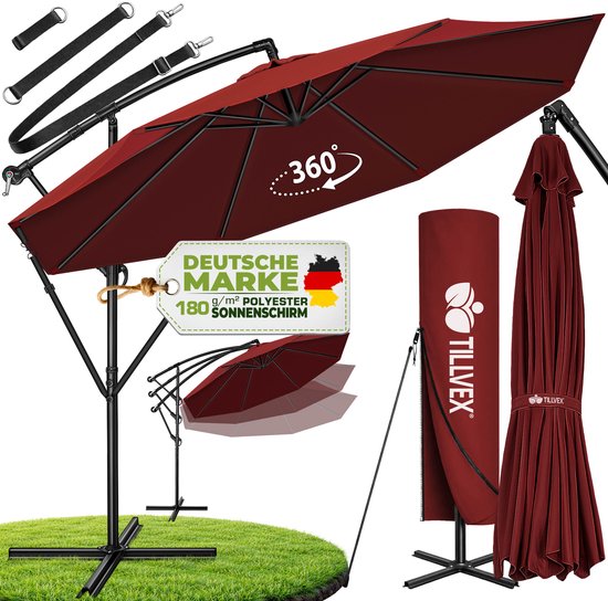 Bordeauxrode zweefparasol 360°, met hoes en windbescherming, van 180 g/m² polyester.