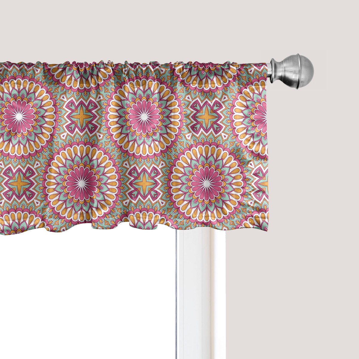 ABAKUHAUS Folkloristische raamvalance, gordijnvalance voor keuken en slaapkamer met tunnelzoom, 137 cm x 45 cm, roze mintgroen goudsbloem