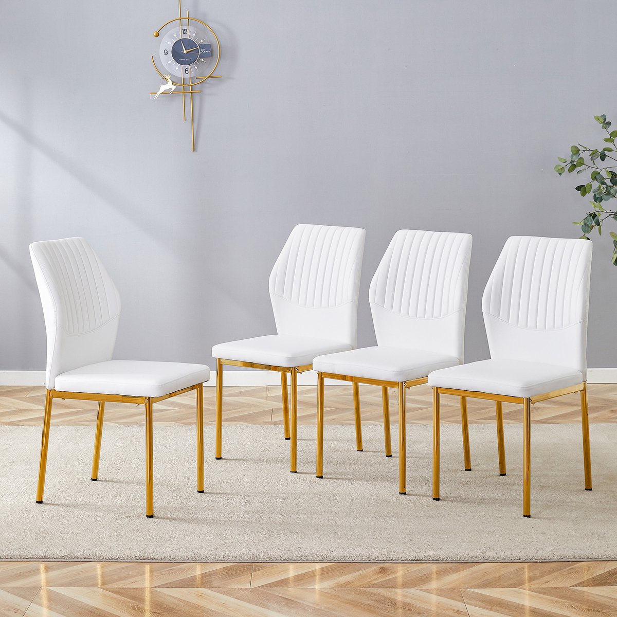HAUSS SPOLE Eetkamerstoel Set Van 4 - Comfortabele Stoelen Met PU Bekleding En Verticale Ribbels - Voor Eetkamer En Woonkamer - Metaal Wit Wit+Goud
