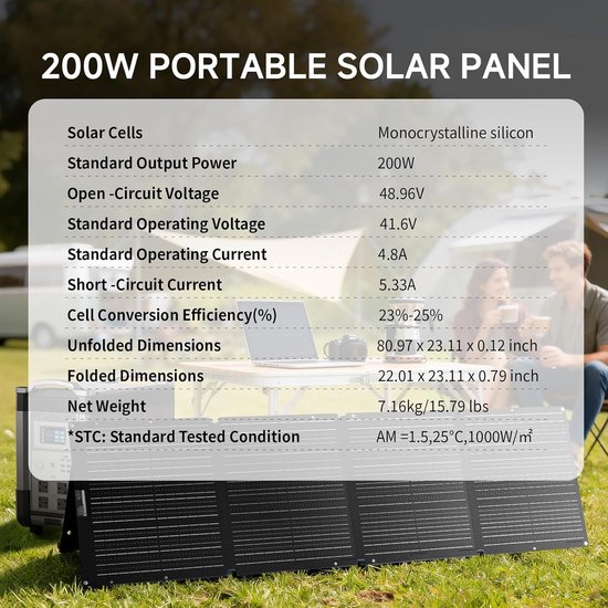 ALLPOWERS SE200 200 W Zonnepaneel, Opvouwbaar Zonnepaneel met Verstelbare Standaard, IP68 Waterdichte ETFE Zonnelader voor Energiecentrale, Buiten, Kamperen, Camper, Tuin, Stroomuitval van Merkloos — afbeelding 4
