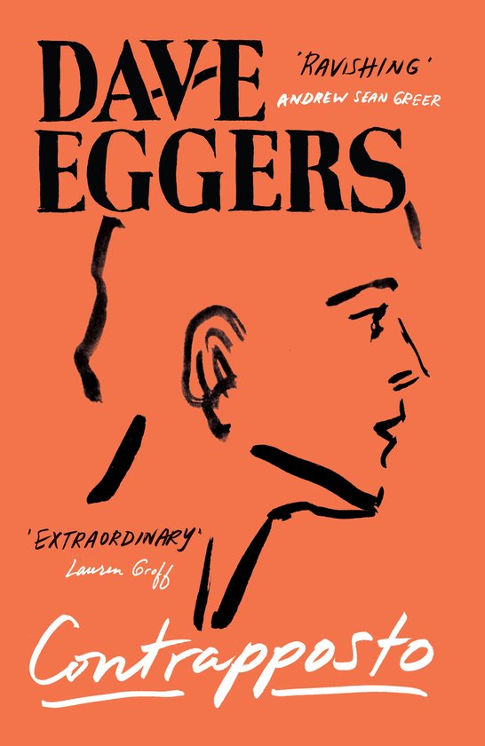 Boek 'Contrapposto' van Dave Eggers met een illustratie van een hoofd op oranje achtergrond.