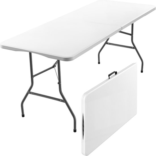 Witte, opvouwbare tafel met grijze metalen poten, staand en opgevouwen als een koffer.