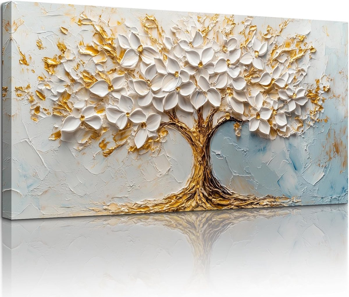Levensboom Muurschildering - Canvas Kunst - Woonkamer Decoratie - Natuurlijk Patroon - 50x100 cm - Witgouden boom