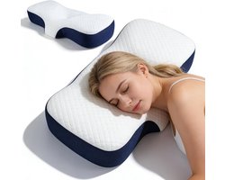 Traagschuim Neksteun - Ergonomisch Kussen - Betere Slaap - Vormt Zich Naar Nek - 35x67x12cm - Donkerblauw