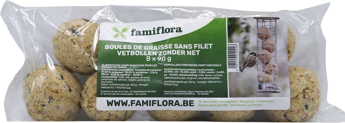 Famiflora Set van 8 mezenbollen zonder netje - 8x90g - Zonder netje voor veilige consumptie en minder plastic afval - Gemakkelijk op te hangen in iedere feeder zodat vogels direct toegang hebben