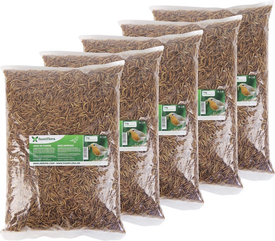 Famiflora meelwormen 5KG - 5x1KG (30L) - Hoogwaardige eiwitten stimuleren gezondheid en vitaliteit van vogels, kippen en vissen - Essentiële vetten leveren energie zodat dieren actief blijven