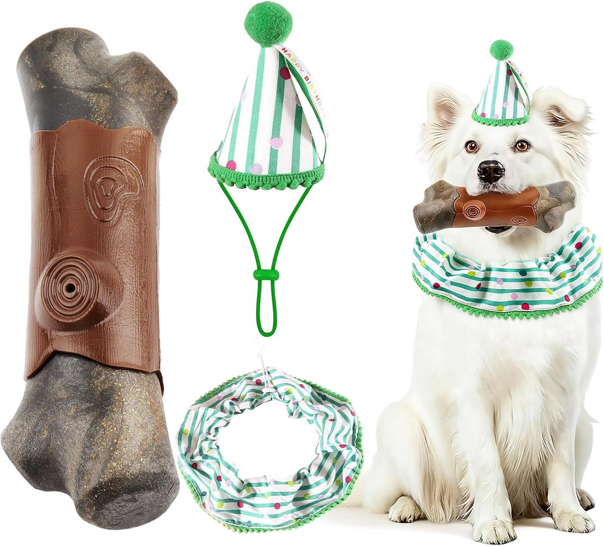 Honden Verjaardag Set - Feestoutfit Huisdier - Hondenfeest Vieren - Stevig Kauwspeelgoed - Middelgroot Groot - Groen