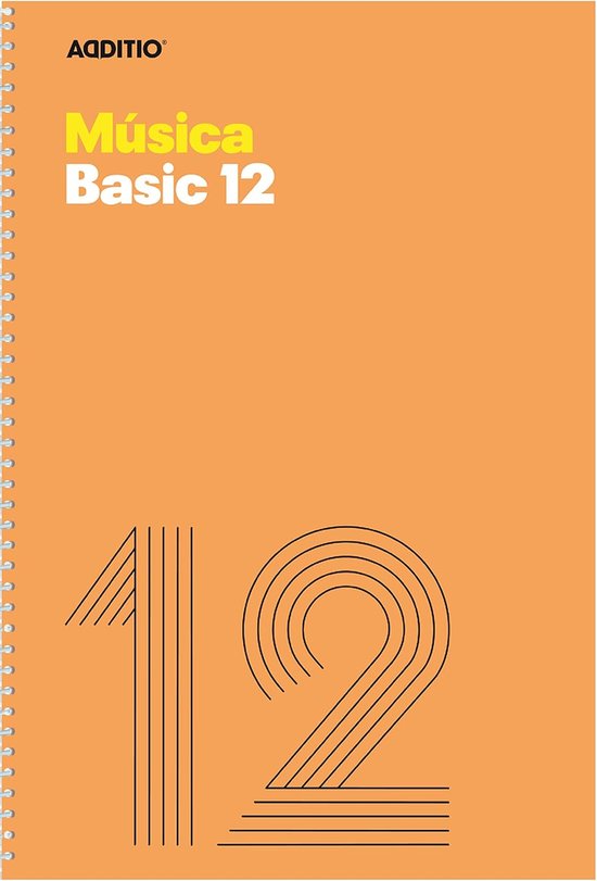 Oranje muzieknotitieblok met spiraalbinding, tekst 'Música Basic 12' en een groot getal 12 in lijnstijl.