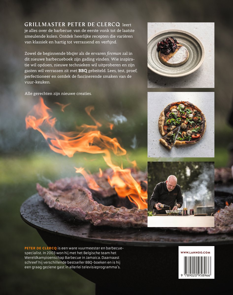 Boekomslag met de titel "GRILLMASTER PETER DE CLERCQ" en foto van Peter de Clercq en gerechten.