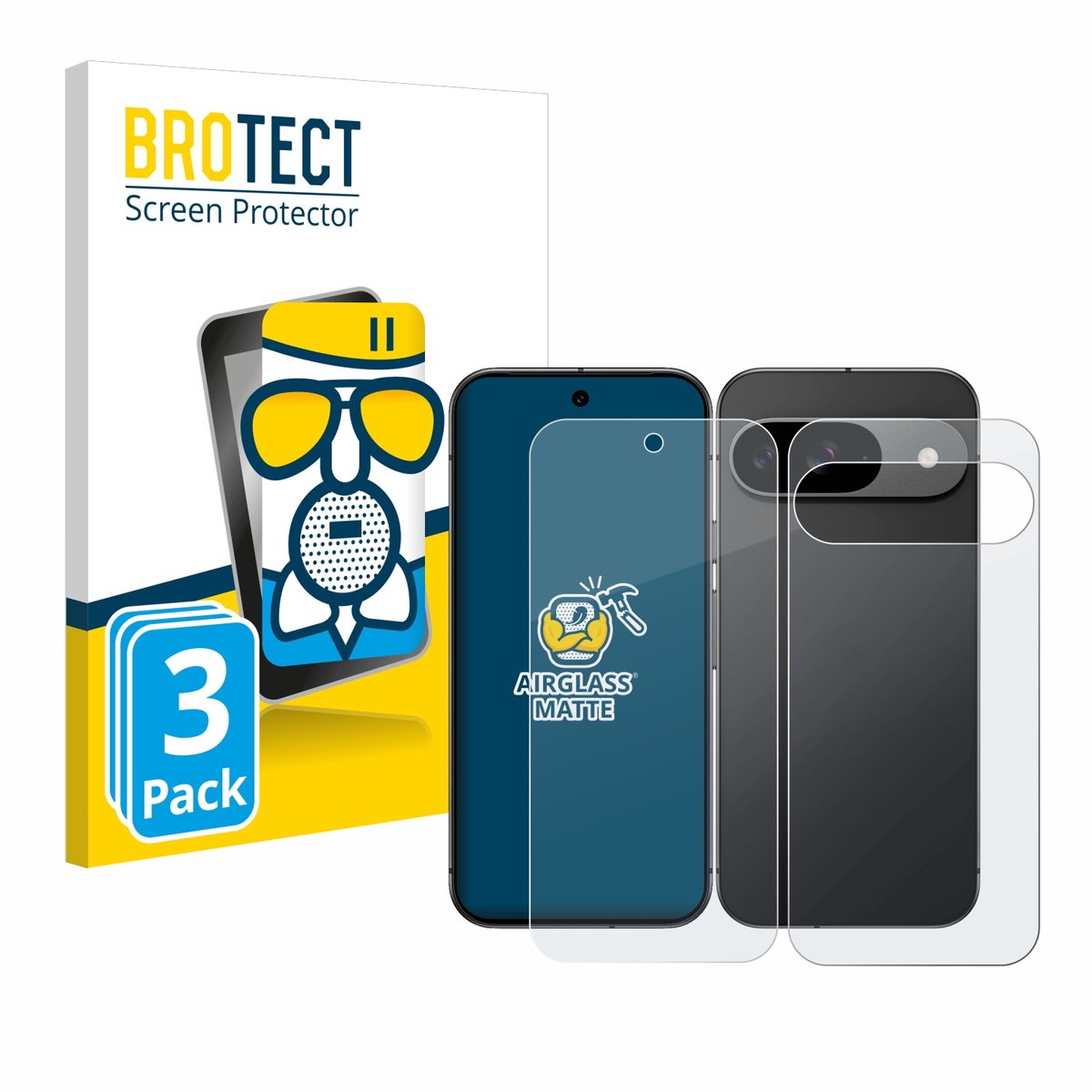 BROTECT - Screenprotector voor Google Pixel 9 (Voor+Achter) - Folie Beschermfolie Beschermglas matte 3 Stuks