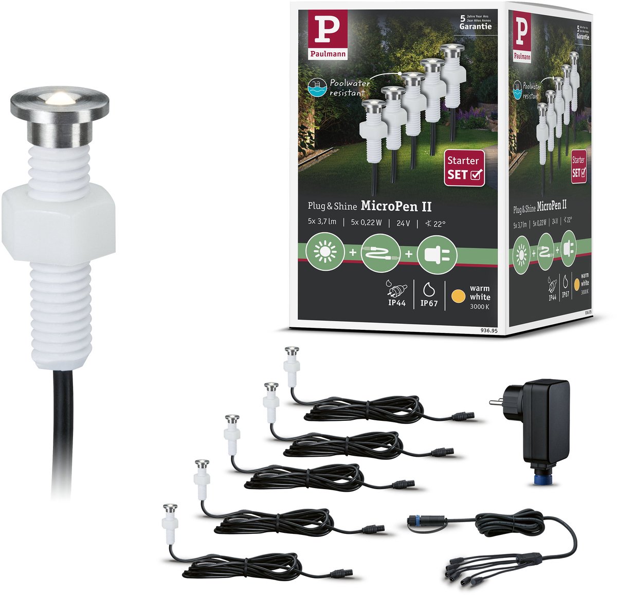 Paulmann MicroPen II 93695 Verlichtingssysteem Plug&Shine LED-buiteninbouwlampen (basisset) Set van 5 stuks LED 1.1 W Warmwit Zilver
