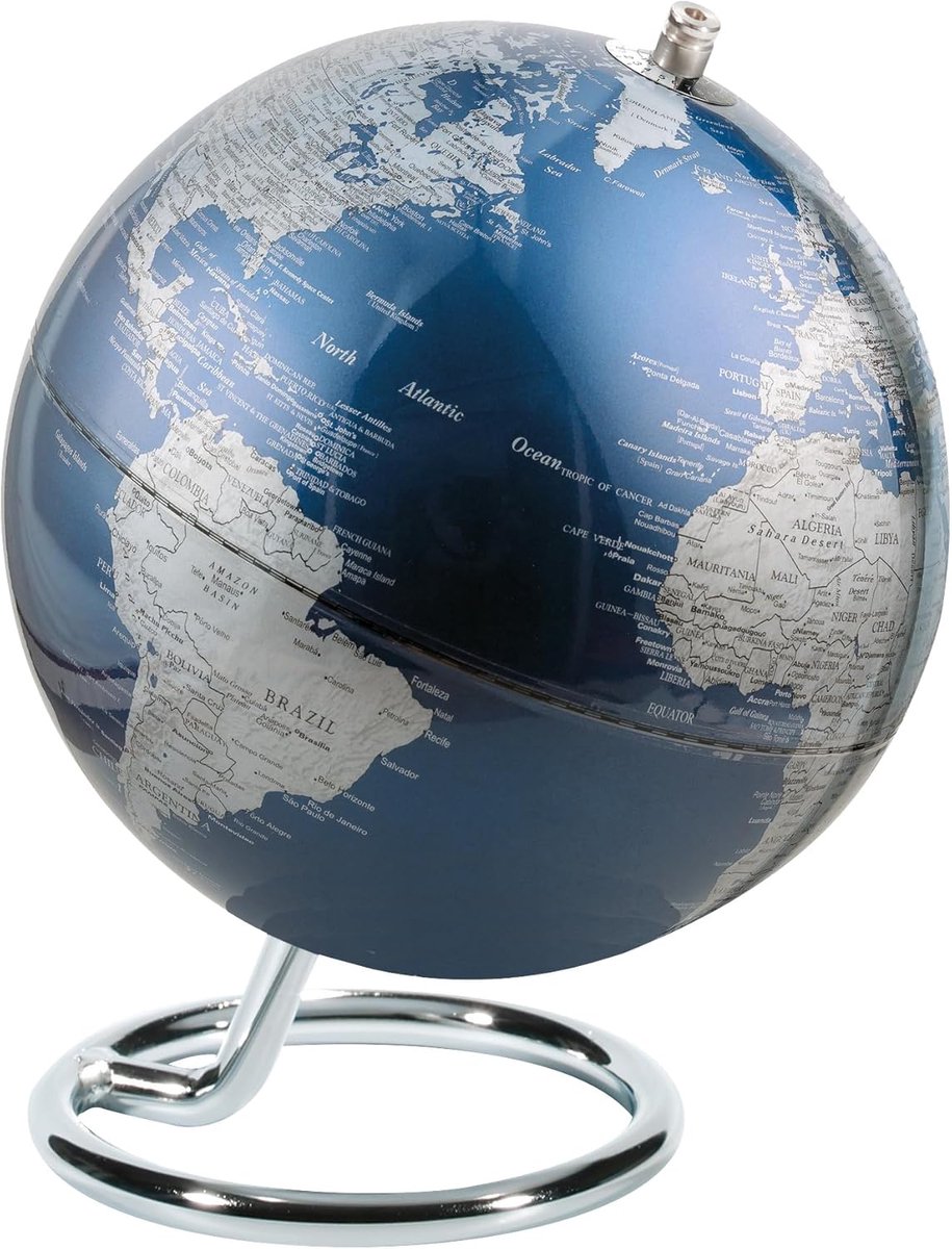 Tafelglobe - Wereldbol Decoratie - Kantoor Decoratie - Fysieke Kaart - 13 cm Diameter - Blauw Metallic