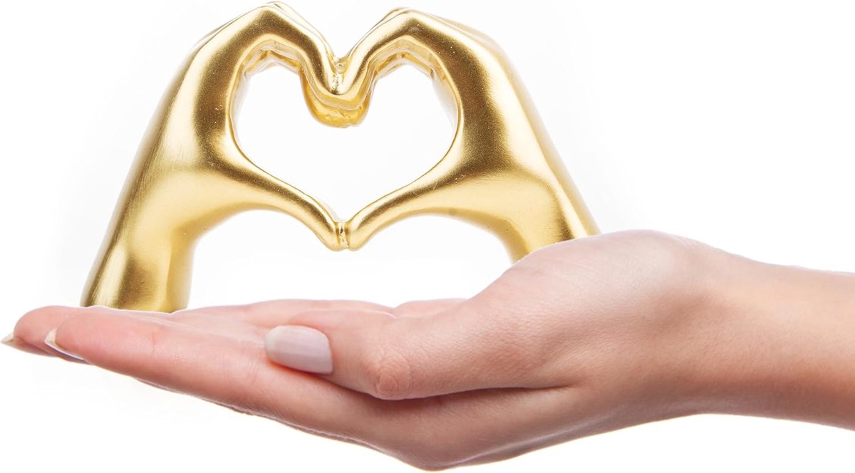Hart Handen Sculptuur - Liefde Beeldje - Woonkamer Decoratie - Handgemaakt Keramiek - 12.5 x 3.5 x 7 cm - Goud