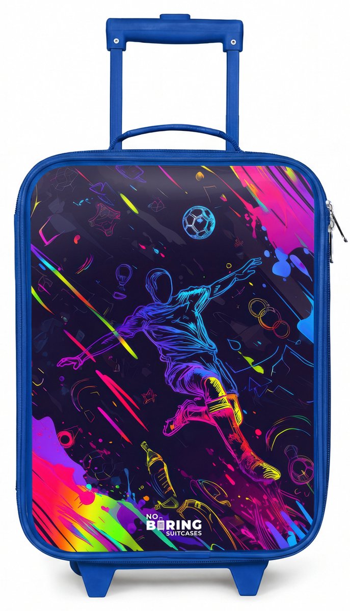NoBoringSuitcases.com® - Kinderkoffer blauw - Kindertrolley jongen - Neon actievolle voetbalspeler - Koffer kind lichtgewicht - Reiskoffer trolley voor kinderen - Koffertje met lichtgevende wieltjes - Rolkoffer