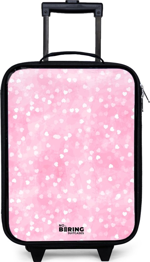 NoBoringSuitcases.com® - Kinderkoffer jongen - Kindertrolley meisje - Roze glitter hartjes - Koffer kind lichtgewicht - Reiskoffer trolley voor kinderen - Koffertje met lichtgevende wieltjes - Rolkoffer zwart