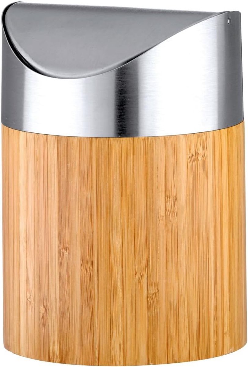 Cosmetica emmer - Mini prullenbak - Badkamer Organisatie - Bamboe RVS mix - 12x12x16.5 cm - Zilver Houtkleur