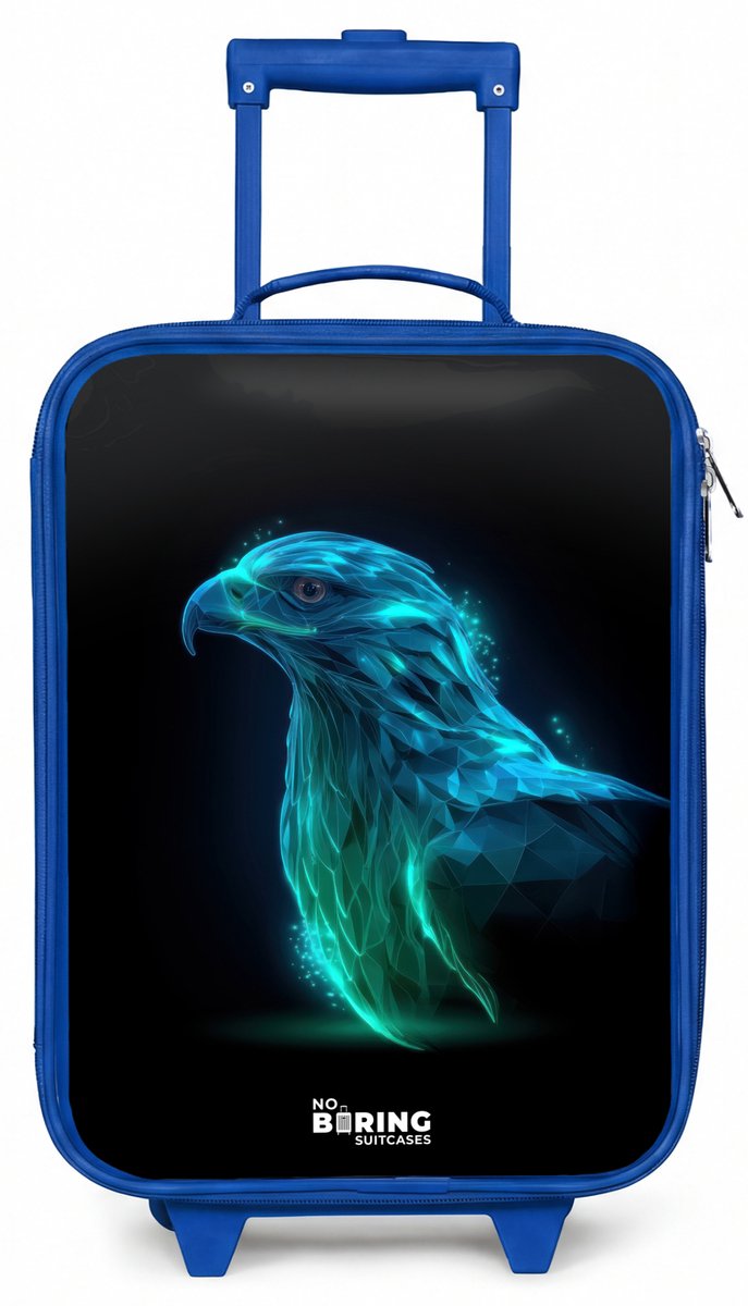 NoBoringSuitcases.com® - Kinderkoffer blauw - Kindertrolley jongen - Digitale adelaar in profiel - Koffer kind lichtgewicht - Reiskoffer trolley voor kinderen - Koffertje met lichtgevende wieltjes - Rolkoffer