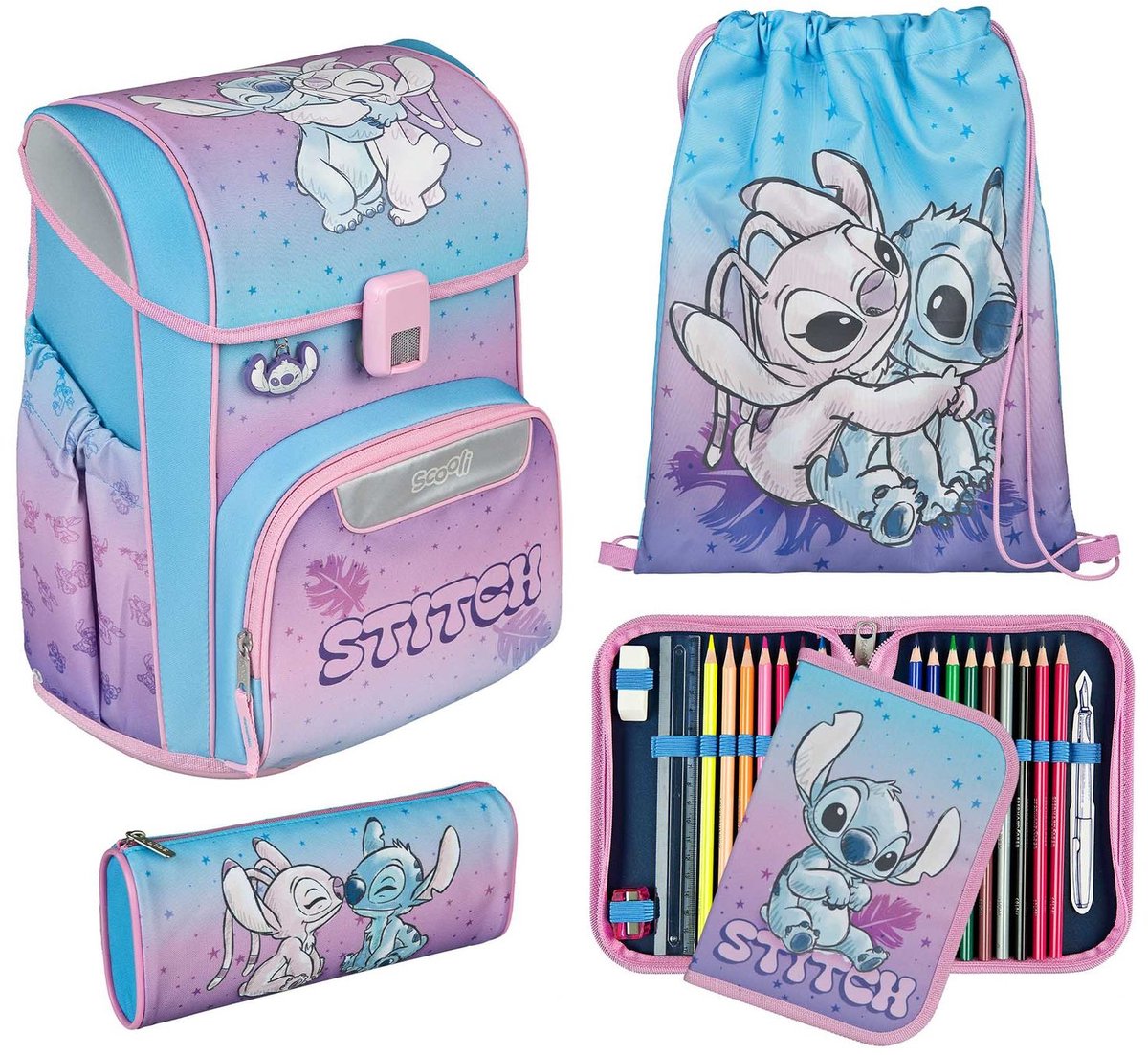 Scooli schooltas EasyStart Schulranzen-Set 5-delig Lilo & Stitch Lichtblauw roze