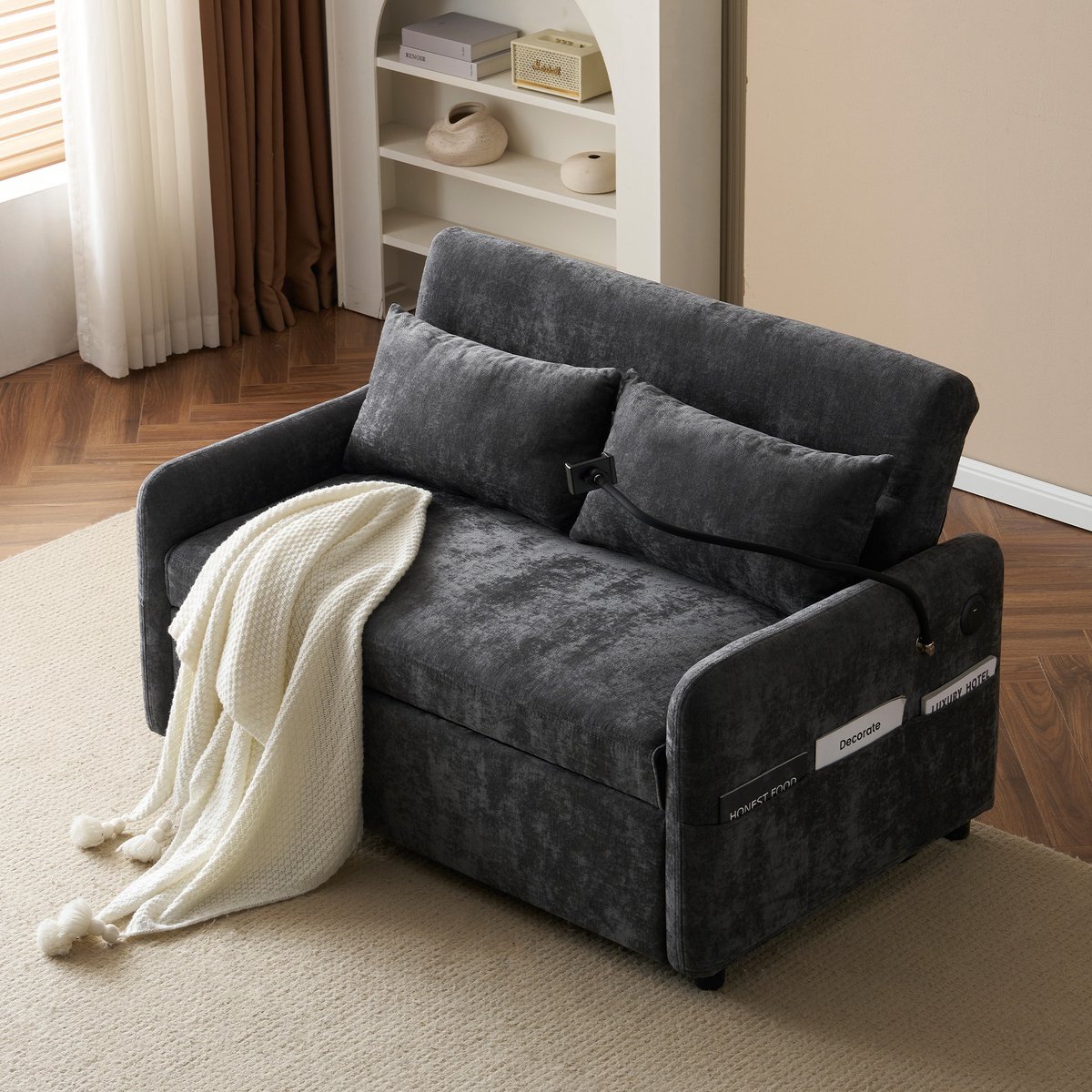 MODENUIT Slaapbank 129x76 cm - Uitschuifbaar Met Verstelbare Rugleuning en Usb-Poort - Woonkamer - Chenille Grijs