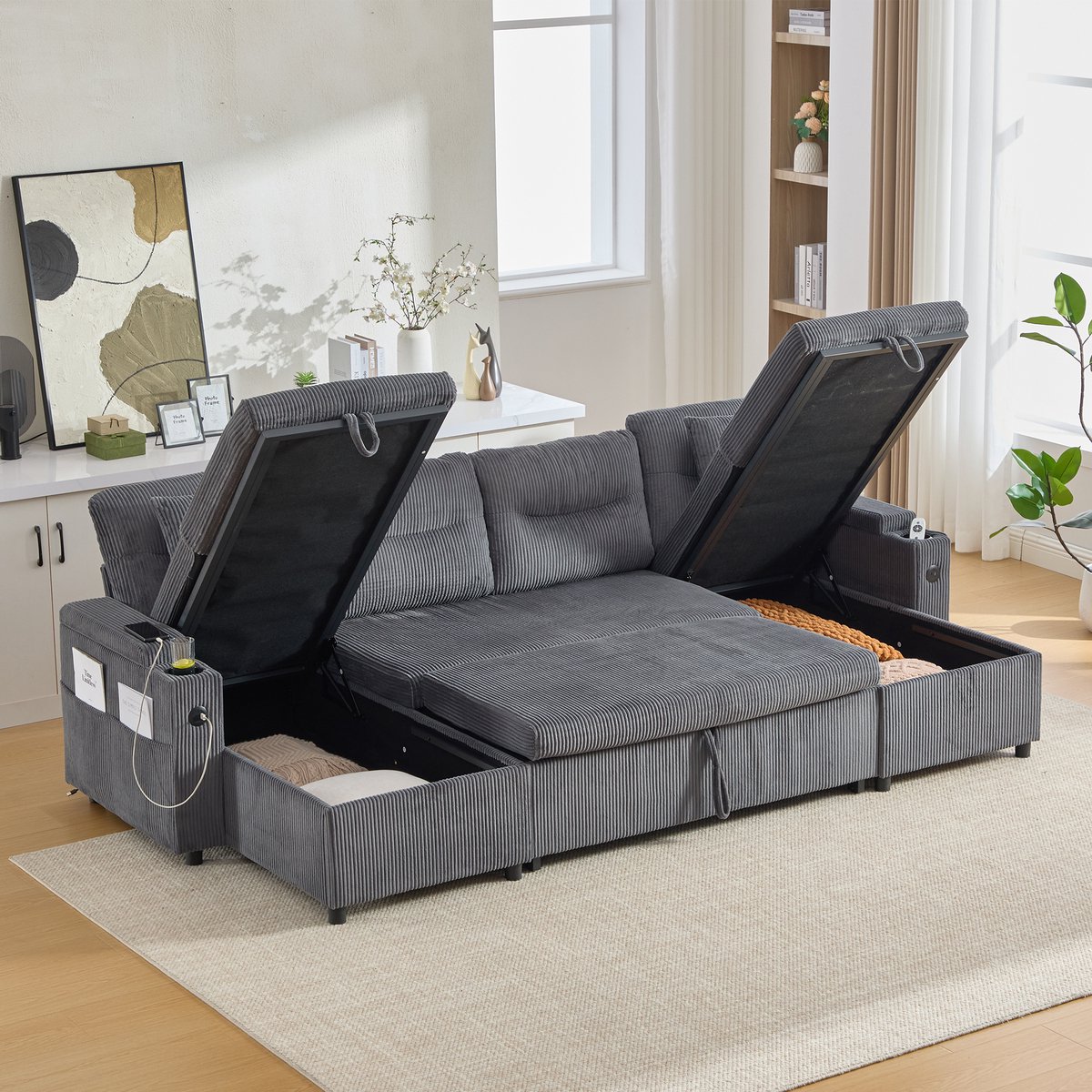 MODENUIT Hoekbank 272 x 136 cm - Dubbele Chaise Longue met Opbergruimte en Usb-C - Voor Woonkamer - Cord Grijs Donkergrijs