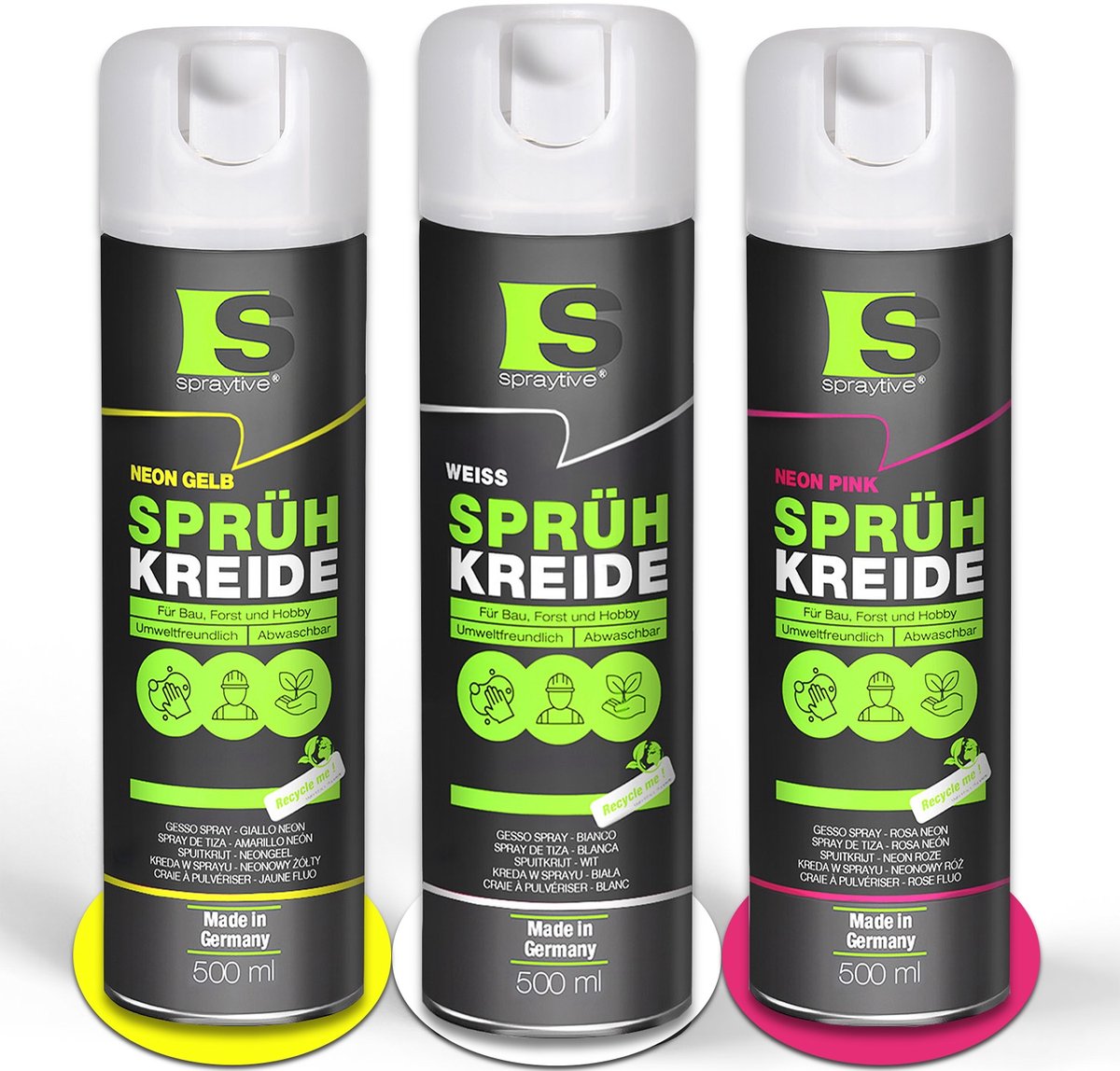 Spraytive 3x 500ml spuitkrijt set wit neon geel en roze markeerspray afwasbaar krijtspray voor tijdelijk markeren op asfalt gras en beton