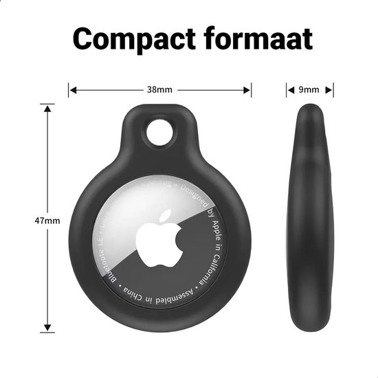 Zwarte AirTag hoes met zilveren ring. Afmetingen 47mm x 38mm x 9mm.