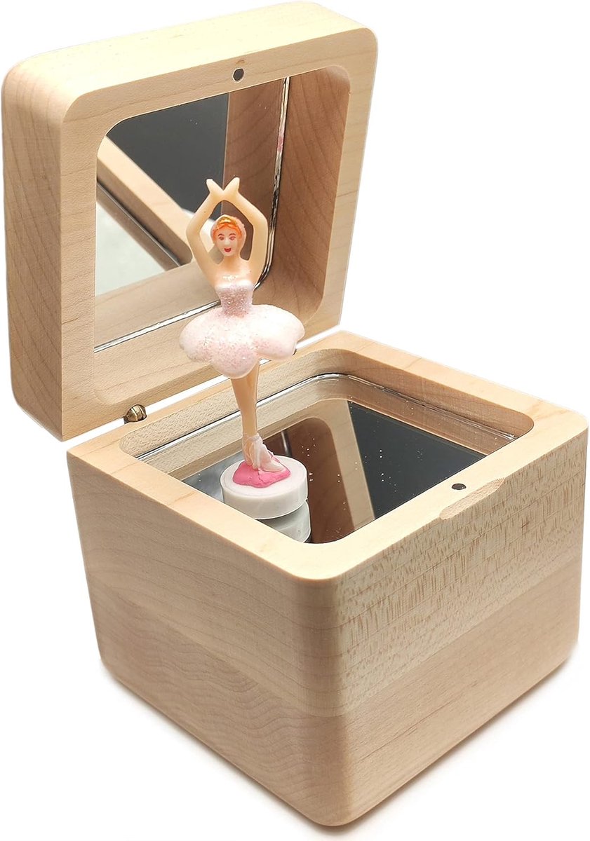 Houten Muziekdoos - Sieradendoos Ballerina - Decoratie Cadeau - Massief Houten Constructie - 8x8x8 cm - Meerkleurig