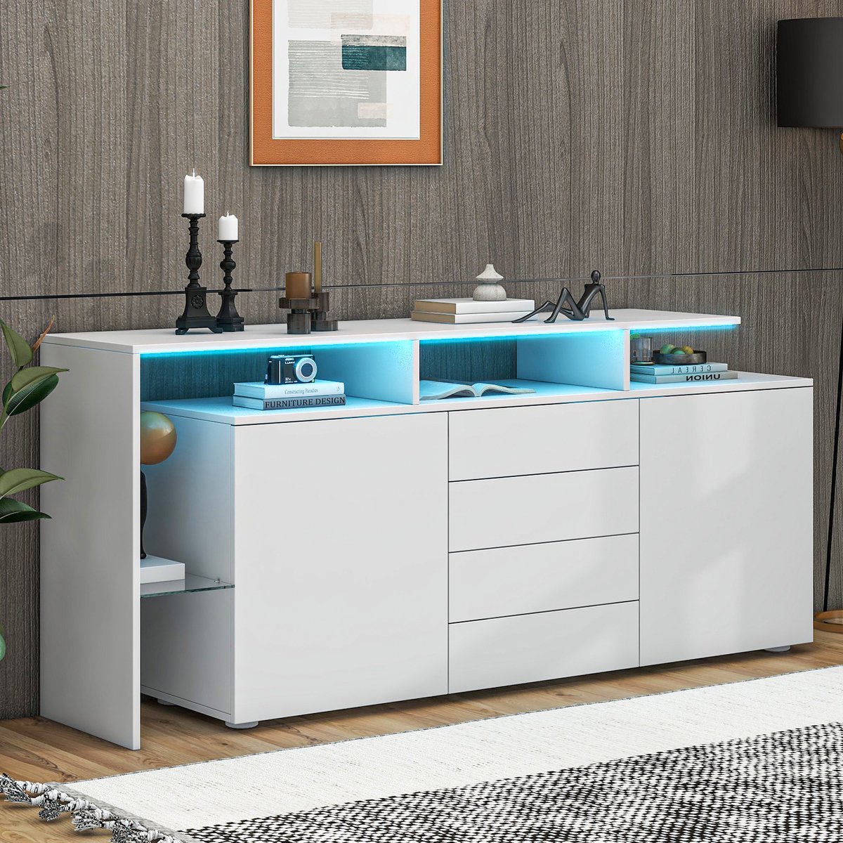 MODENUIT Dressoir - Met Led En 4 Lades - Voor Woonkamer Of Eethoek - Spaanplaat En Glas -