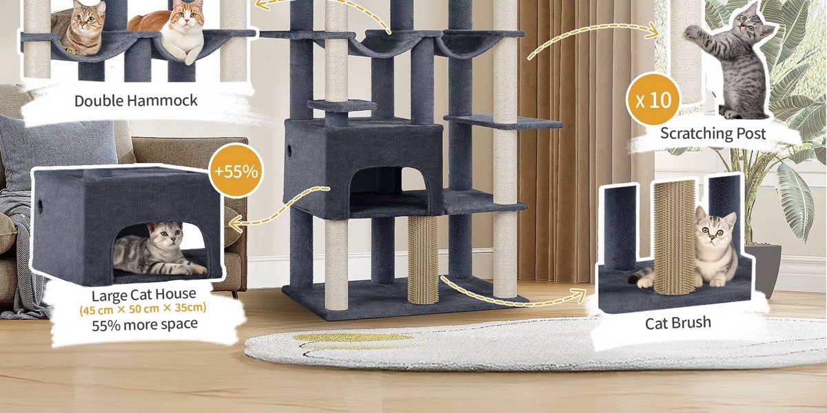 Multi Level Cat Tower - 200 cm - Krabpaal Katten Groot – Met 10 Krabpalen en 2 Hangmatten – Kattentoren met 2 Holletjes, Mand en Platform – Inclusief Kattenborstel – Geschikt voor Grote Katten en Kittens – foto 5
