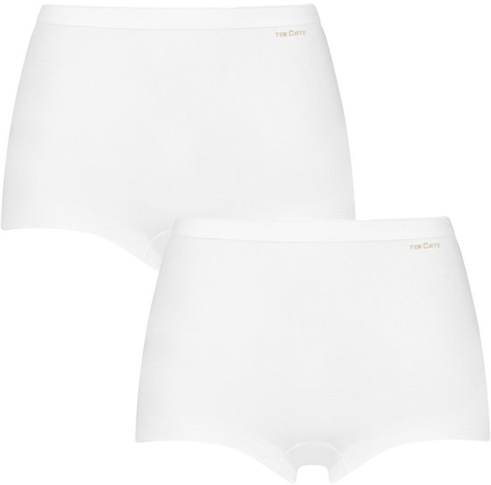 Twee witte Ten Cate shorts, van voren gezien, met elastische tailleband.