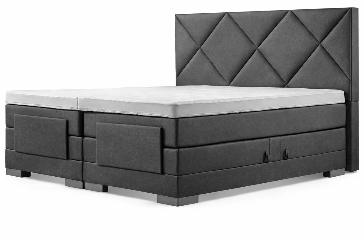 Elektrische Boxspring - 100x210 - Incl. Ruiten hoofdbord - Antraciet lederlook met plint