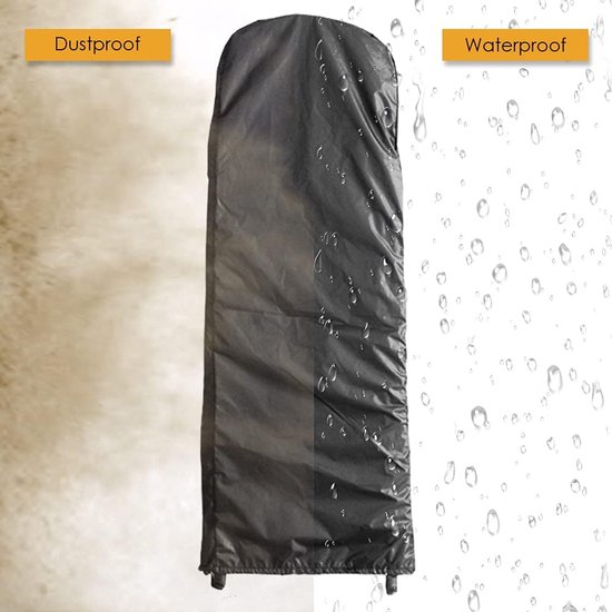 Zwarte, lange ladderhoes, gesplitst in een stoffig en waterig deel, met 'Dustproof' en 'Waterproof'.