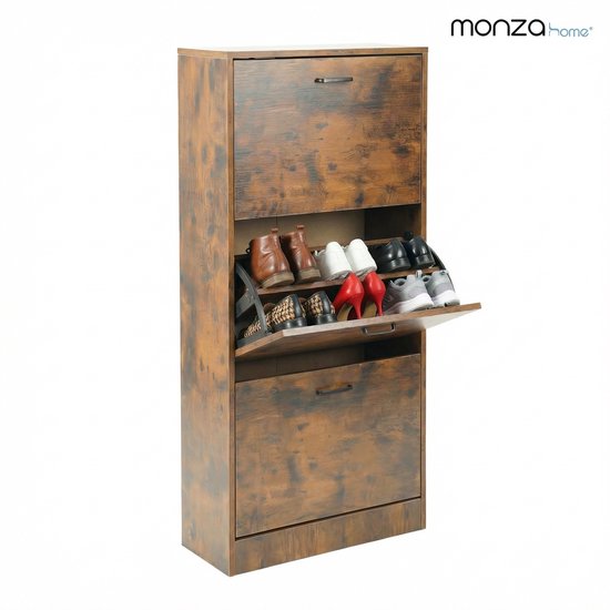 Schoenenkast met 3 kleppen, in vintage bruin houtnerf. Een klep staat open met diverse schoenen erin.