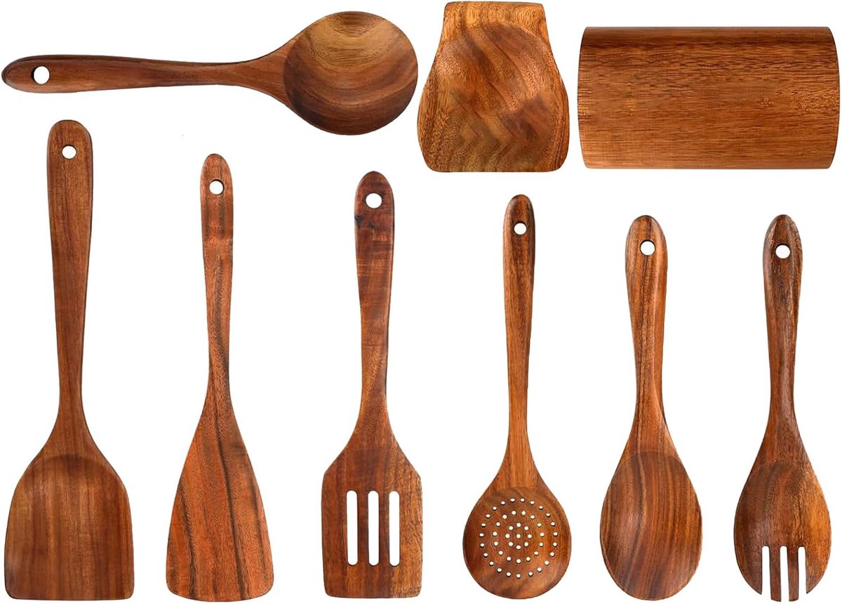 Kookgerei Set - Keuken Lepels Spatels - Maaltijd Bereiding - Natuurlijk Hout - 9 Delig