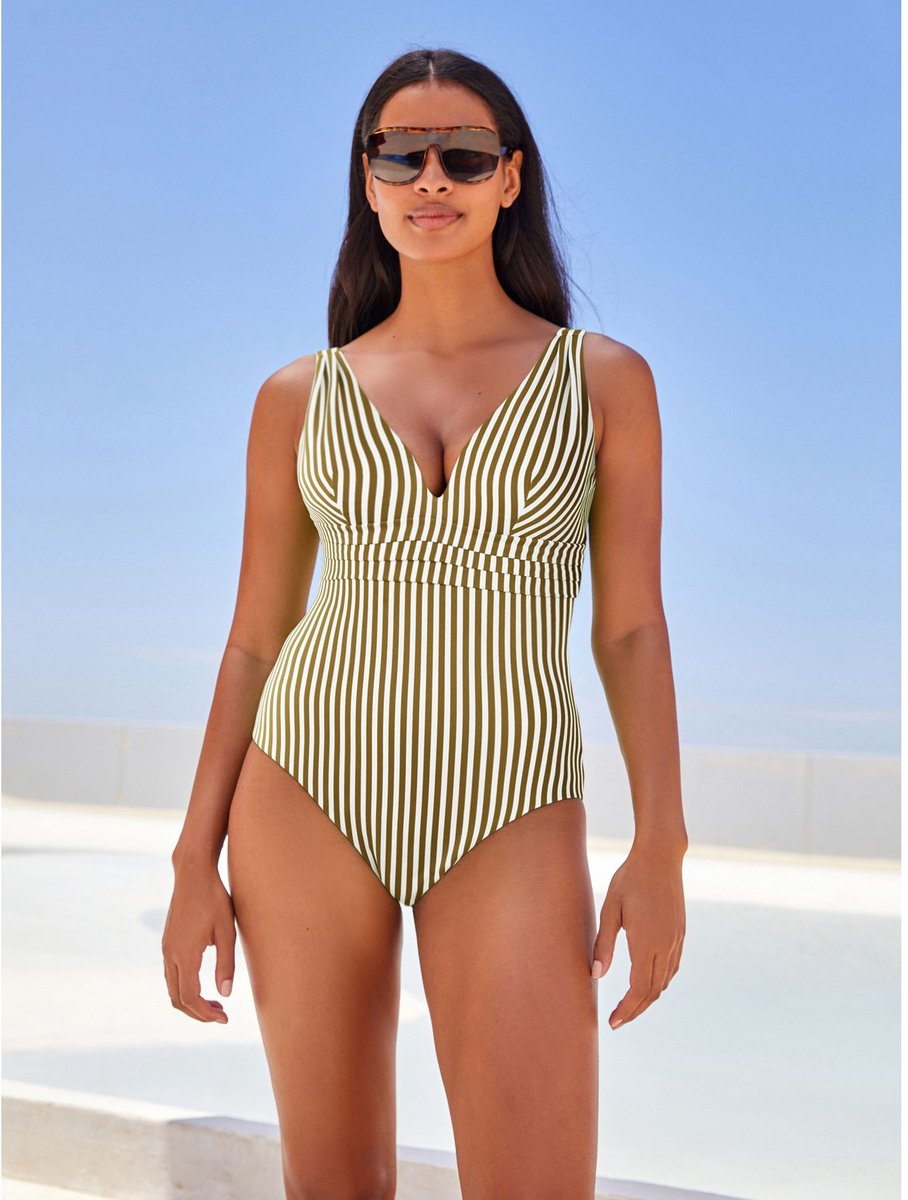 Next Dames - Buikcorrigerend badpak met lage hals - Groen Khaki Green/Ecru Stripe