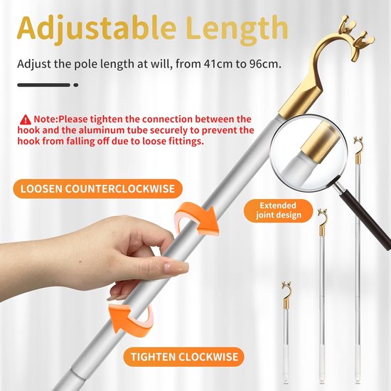 Raamopener Stang - Trekhaak Hulpstuk - Dakramen Bediening - Uitschuifbaar Aluminium - 96 Centimeter - Grijs — afbeelding 3